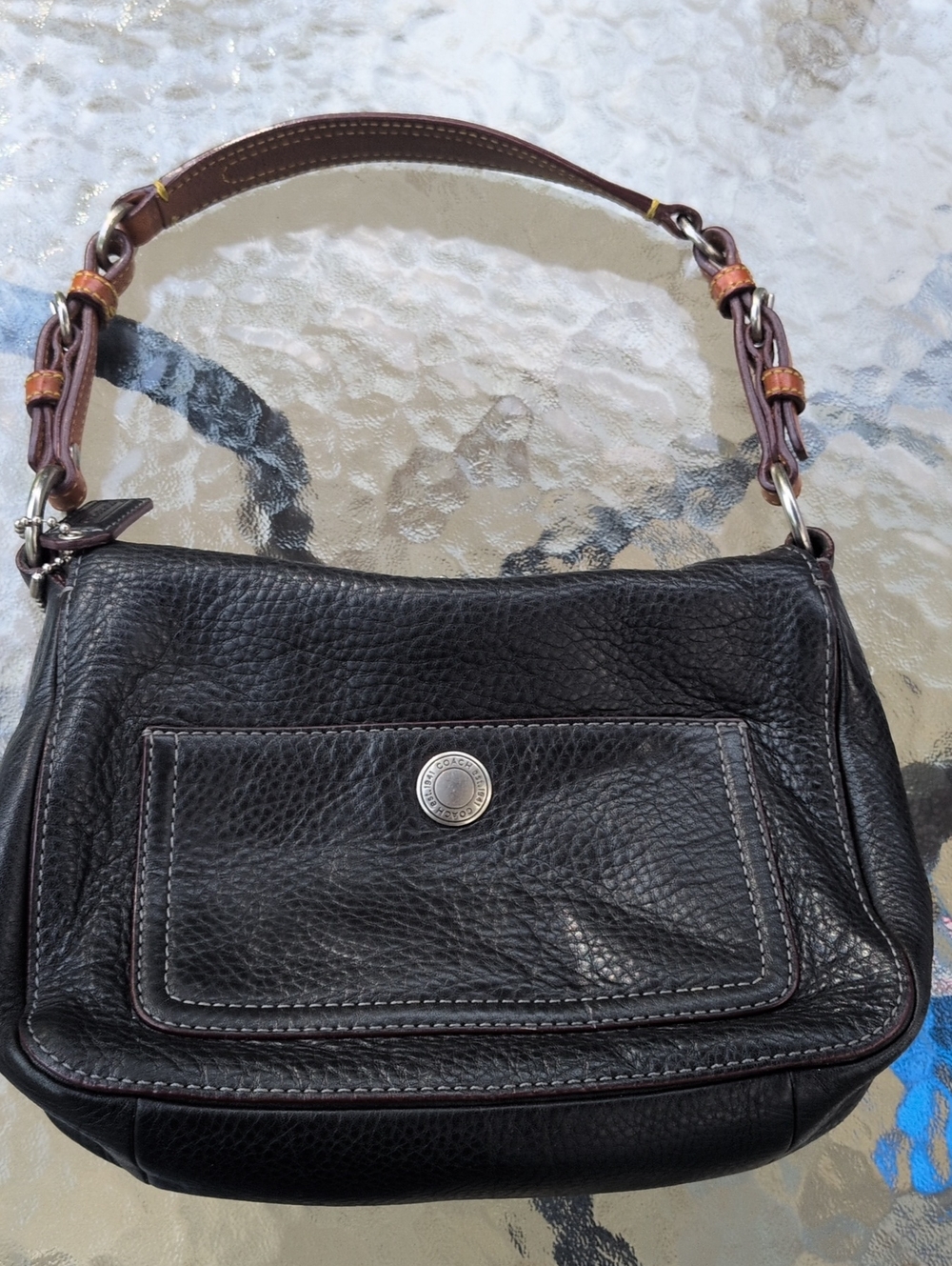 Coach Black Pebbled Leather Shoulder Bag with Brown Trim